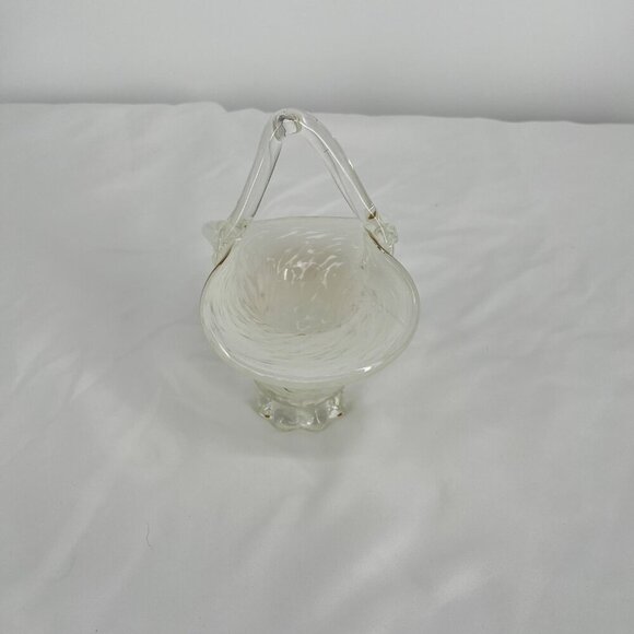 Vintage Clear Glass White Confetti Hand Blown Basket with Handle - Picture 2 of 5